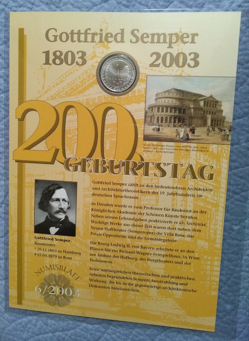  10 Euro Sondermünze BRD mit Briefmarken, Numisblatt , Gottfried Semper, Stgl, offiz. Ausg. Top   