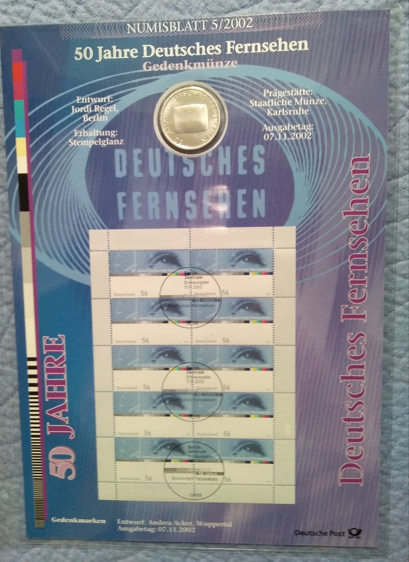  10 Euro Sondermünze mit Briefmarken 2002, 50 Jahre dt. Fernsehen, Numisblatt, offiz. Ausg, Stgl. Top   