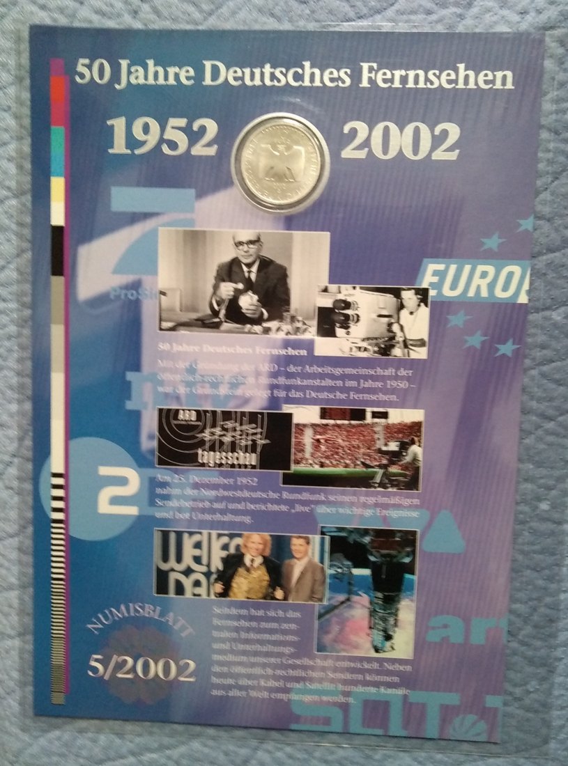  10 Euro Sondermünze mit Briefmarken 2002, 50 Jahre dt. Fernsehen, Numisblatt, offiz. Ausg, Stgl. Top   