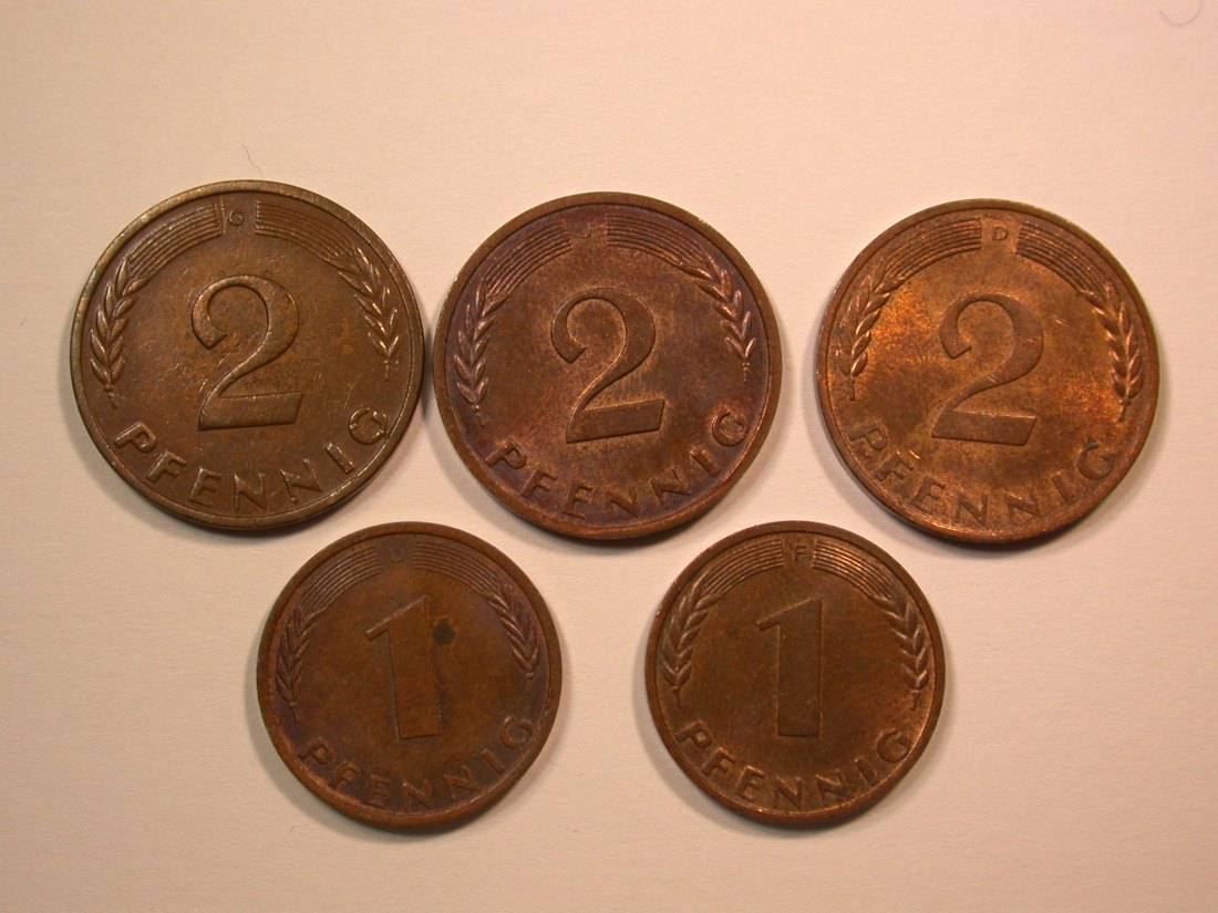  E22  BRD 2 x 1 Pfennig 1971 und 3 x 2 Pfennig 1950,70 und 71   Originalbilder   