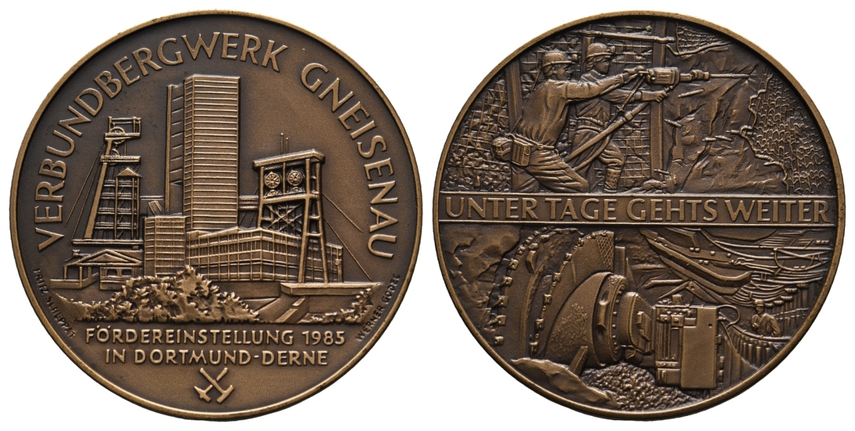  Gneisenau, Verbundbergwerk, Bergbau-Medaille 1985; Tombak, 50,79 g, Ø 50,5 mm   