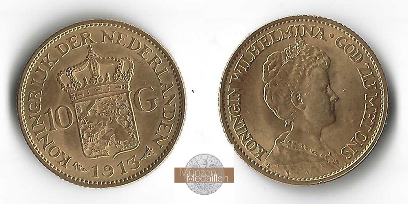 Niederlande  10 Gulden MM-Frankfurt  Feingold: 6,06g Wilhelmina I. 1913 