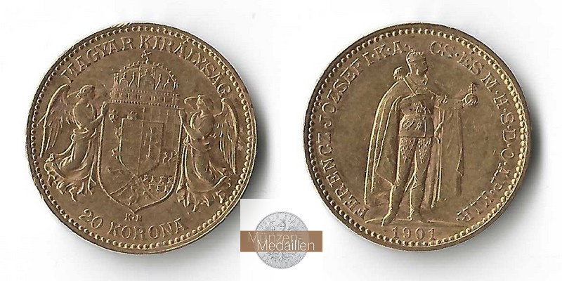 Ungarn MM-Frankfurt  Feingold 6,10g 20 Kronen 1901 