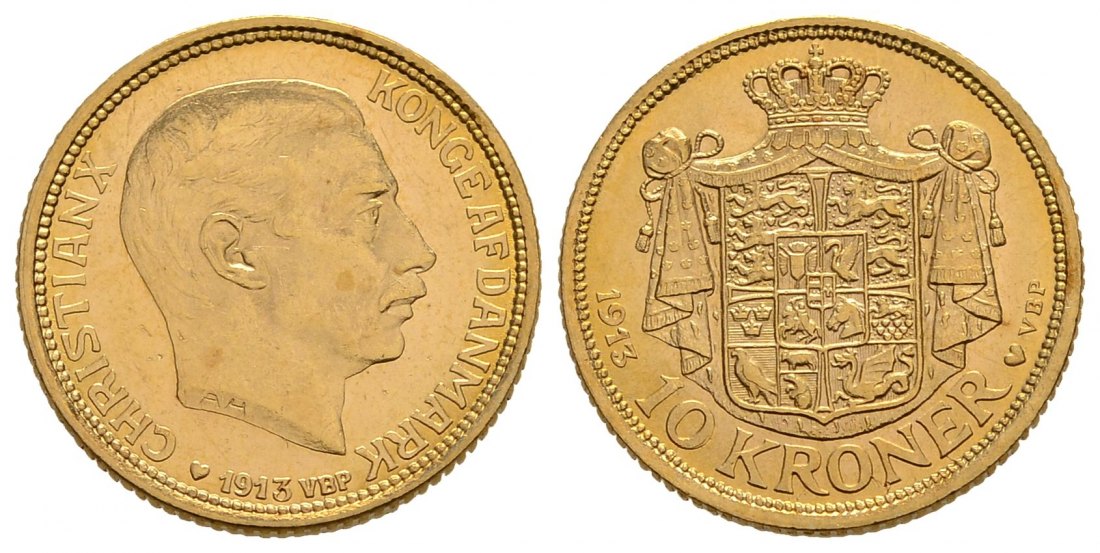 PEUS 4178 Dänemark 4,03 g Feingold. Herz= Kopenhagen Christian X. (1912 - 1947) 10 Kronen GOLD 1913 VBP Kl. Kratzer, Vorzüglich / Stempelglanz