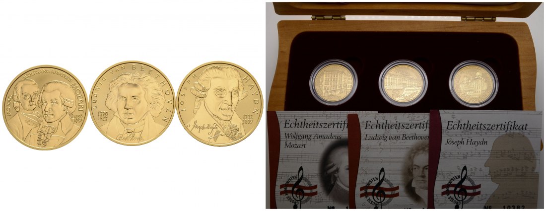 PEUS 4190 Österreich Insg. 30 g Feingold. Große Komponisten incl. Originalverpackung + Zertifikate 50 Euro-Lot GOLD (3 Münzen) 2004 - 2006 Proof (Kapsel)