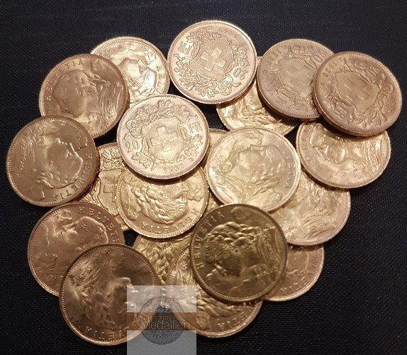 Schweiz MM-Frankfurt Feingewicht: 145,25 g Gold 25 x 20SFR (Vreneli) verschiedene 