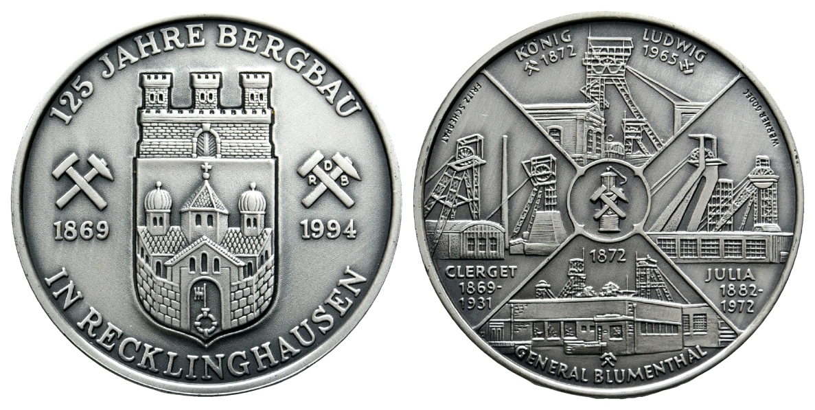  Recklinghausen, Bergbau-Medaille 1994; 999 AG, 24,89 g, Ø 40,3 mm   