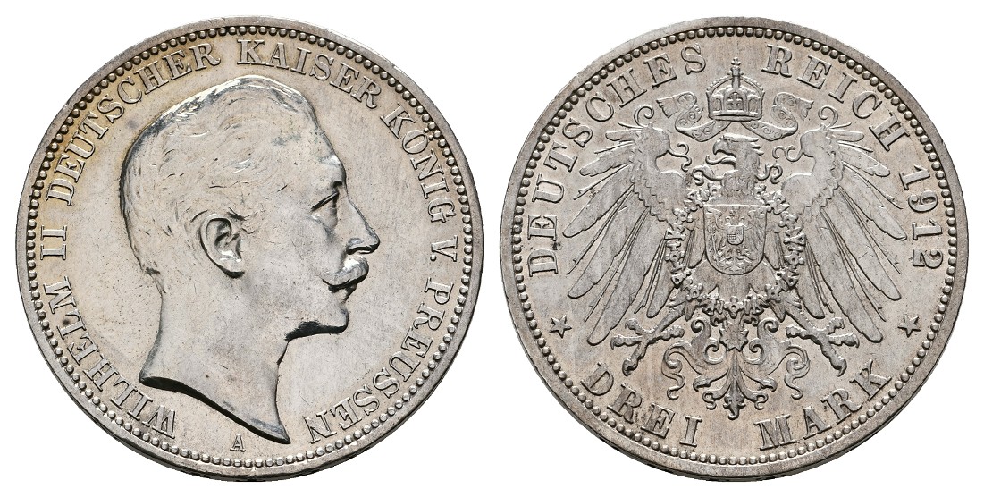  Linnartz KAISERREICH Preussen Wilhelm II. 3 Mark 1912 A, vz-st   