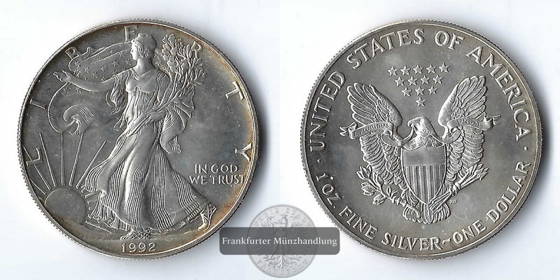  USA,  1 Dollar  1992  American Silver Eagle   FM-Frankfurt     Feinsilber: 31,10g   