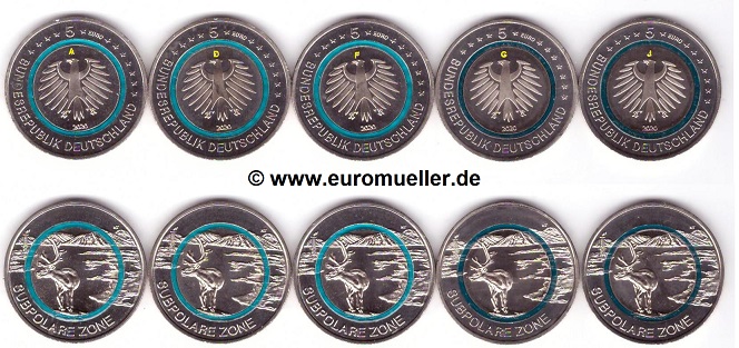 Deutschland 5x 5 Euro Gedenkmünze 2020...Subpolare Zone...A/D/F/G/J   
