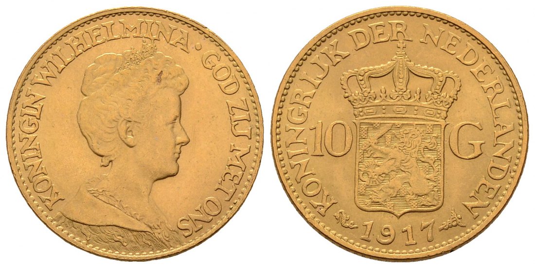 PEUS 4573 Niederlande 6,06 g Feingold. Wilhelmina (1890 - 1948) 10 Gulden GOLD 1917 Fast Stempelglanz
