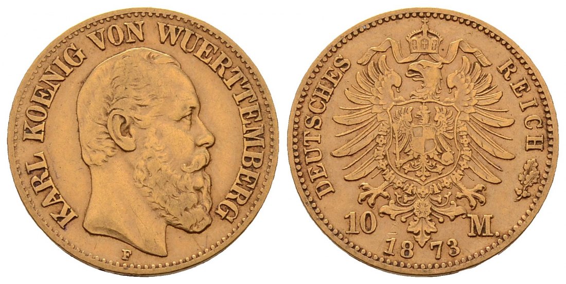 PEUS 4587 Württemberg - Kaiserreich 3,58 g Feingold. Karl (1864 - 1891) 10 Mark GOLD 1873 F Stuttgart Sehr schön