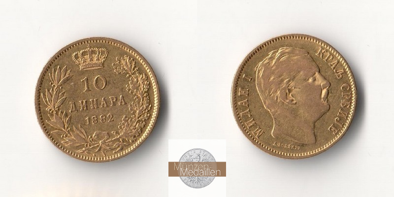 Serbien Feingewicht: 2,91g 10 Dinara Milan I (1882-1889) 1882 