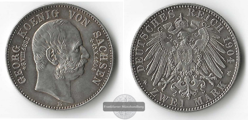  Kaiserreich, Sachsen  2 Mark  1904 E Georg König von Sachsen 1902-1904 FM-Frankfurt Feinsilber:10g   