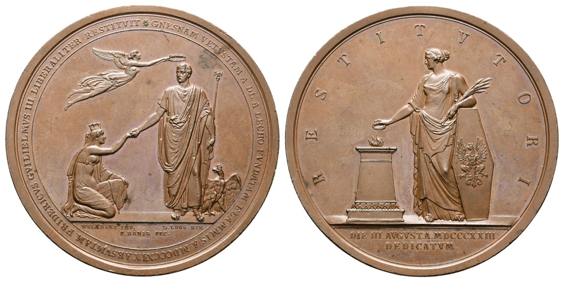  Linnartz Preussen Bronzemedaille 1823 Wiederaufbau der Stadt Gnesen vz Gewicht: 101,4g   