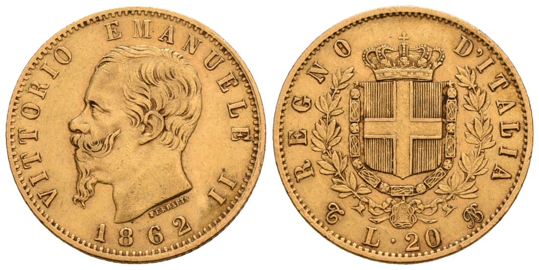 PEUS 4609 Italien Königreich 5,81 g Feingold. Vittorio Emanuelle II. (1861 - 1878) 20 Lire GOLD 1862 T BN Sehr schön