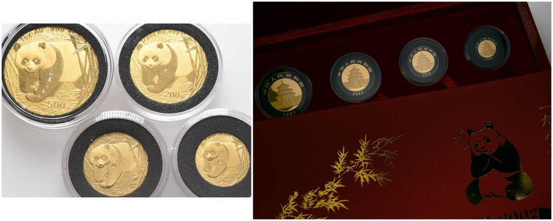 PEUS 4630 China Insg. 57,54 g Feingold. 20 Jahre Panda Diamond Incl. Holzbox + Verpackung Gold Panda-Set (4 Münzen) GOLD 2002 Uncirculated (Kapsel)