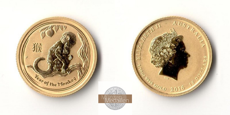 Australien 15 Dollar MM-Frankfurt Feingold: 3,11g Jahr des Affen Lunar II 2016 
