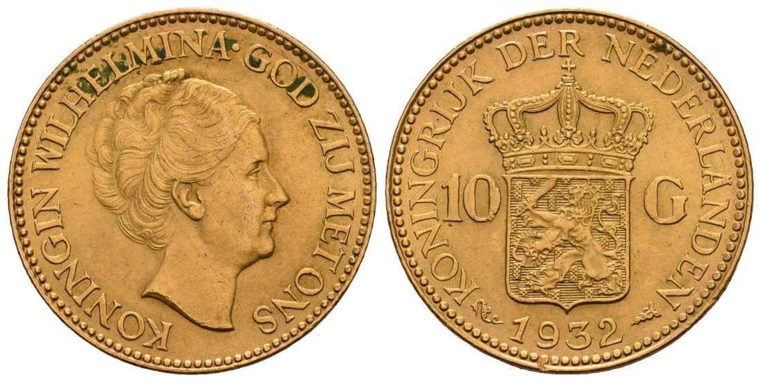 PEUS 4796 Niederlande 6,06 g Feingold. Wilhelmina (1890 - 1948) 10 Gulden GOLD 1932 Kl. Kratzer, Vorzüglich