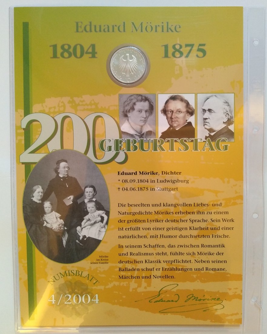  10 Euro Sondermünze,  BRD mit Briefmarken 2004 , Numisblatt, 200. Geb. Eduard Mörike, Stgl.offz.Ausg   