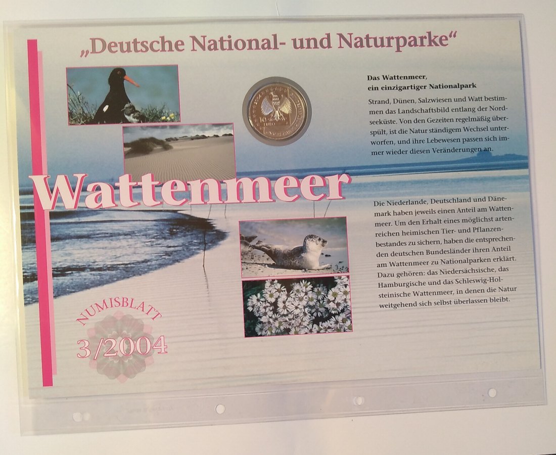  10 Euro Sondermünze BRD 2004 ,  mit Briefmarken, Numisblatt, Nationalpark Wattenmeer Stgl. offz. Aus   