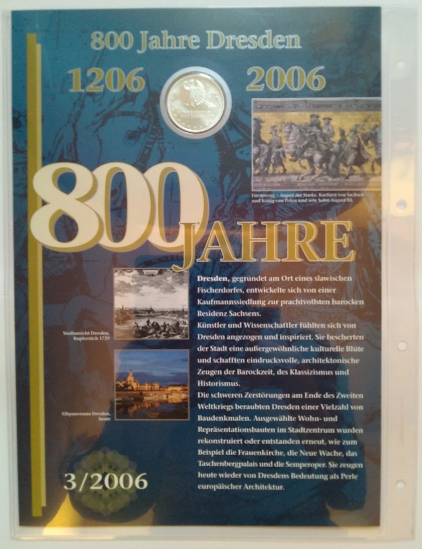  10 Euro Sondermünze,  BRD mit Briefmarken 2006, Numisblatt, 800 Jahre Dresden, Stgl. offiz. Ausgabe   