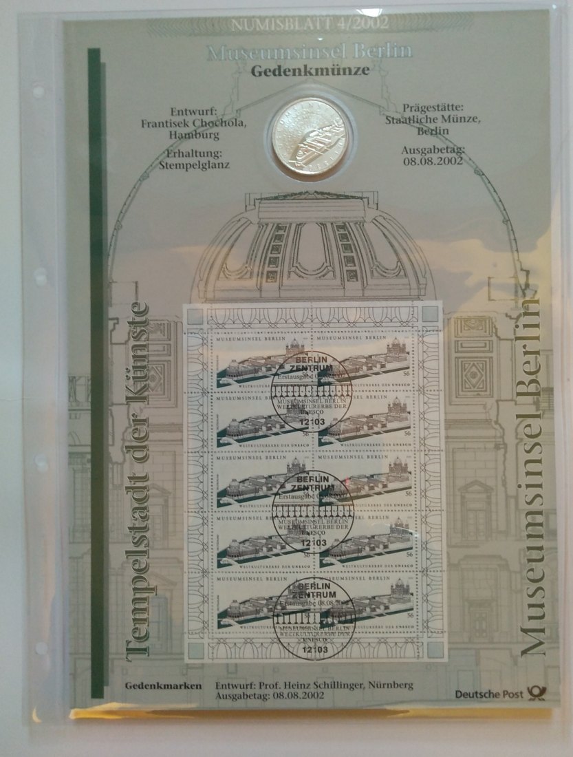  10 Euro Sondermünze, mit Briefmarken, Numisblatt  BRD, 2002, Museumsinsel Berlin, Stgl.offiz.Ausgabe   