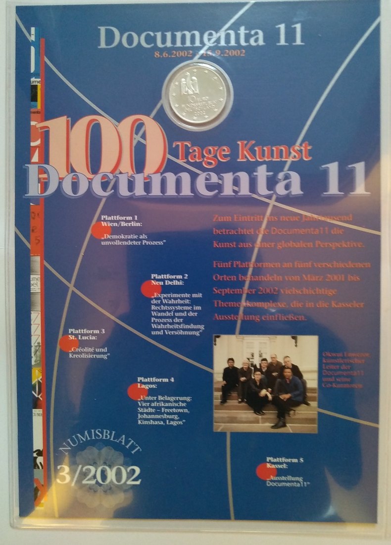  10 Euro Sondermünze BRD 2002,  mit Briefmarken, Numisblatt, Documenta 11 Stgl. offiz.Ausgabe   