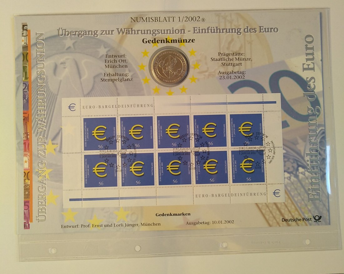  10 Euro Sondermünze,  BRD, Numisblatt, mit Briefmarken 2002, Währungsunion, Stgl. offiz. Ausgabe   