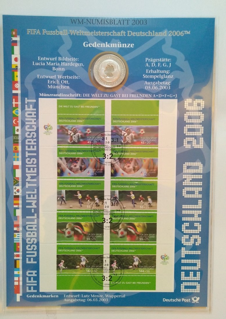  10 Euro Sondermünze, mit Briefmarken, Numisblatt  BRD, 2003, Fussball WM 2006, Stgl. offiz. Ausgab   