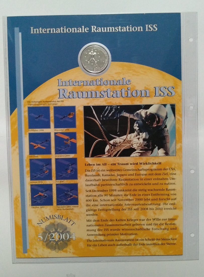  10 Euro Sondermünze, mit Briefmarken, Numisblatt  BRD, 2004, Raumstation ISS, Stgl. offiz. Ausgabe   