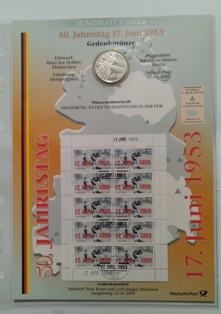  10 Euro Sondermünze BRD 2003,  mit Briefmarken, Numisblatt, 50. Jahrestag 17. Juni, Volksaufstand,   