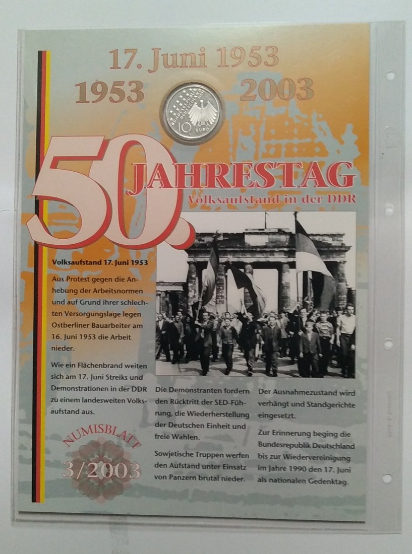  10 Euro Sondermünze BRD 2003,  mit Briefmarken, Numisblatt, 50. Jahrestag 17. Juni, Volksaufstand,   