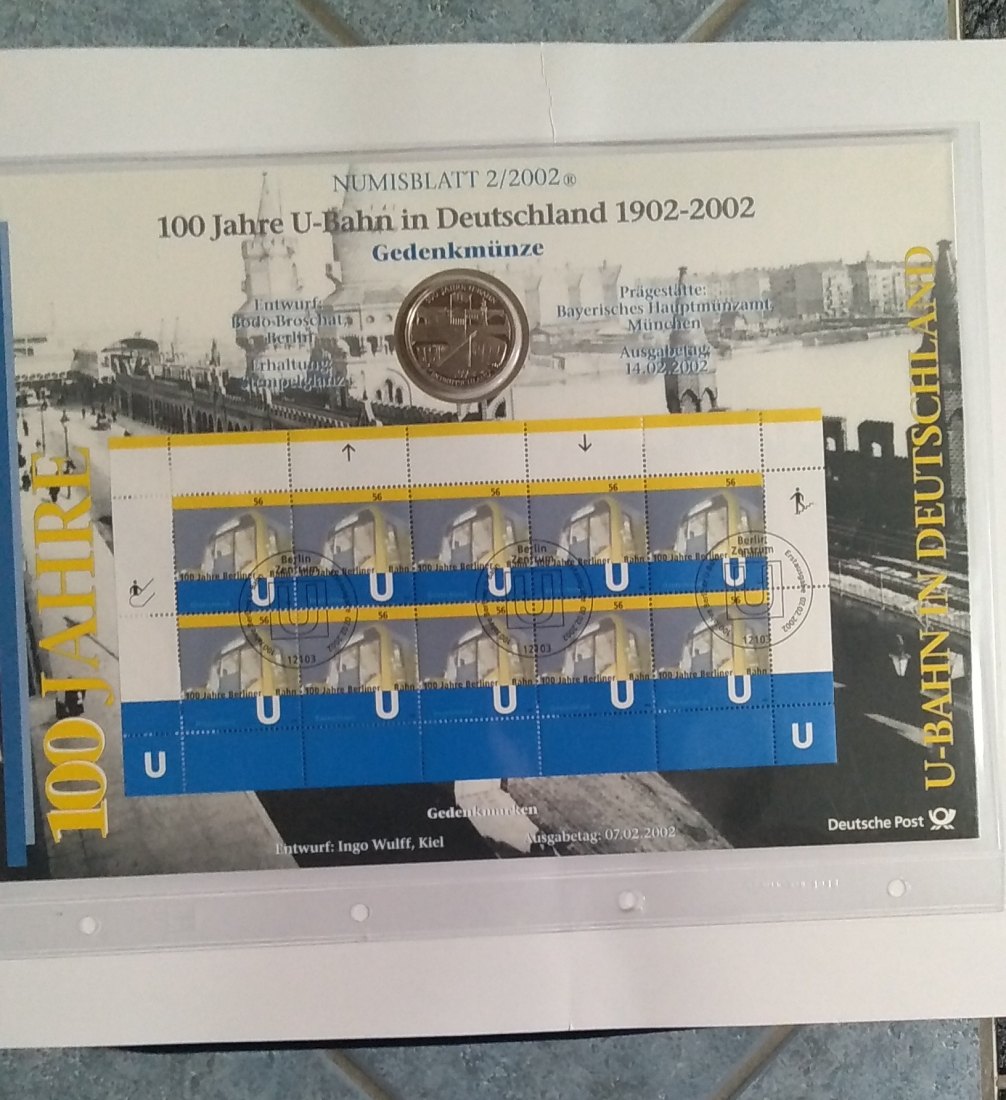  10 Euro Sondermünze,  BRD mit Briefmarken 2002, Numisblatt, 100 Jahre U-Bahn in Deutschland, Stgl.   