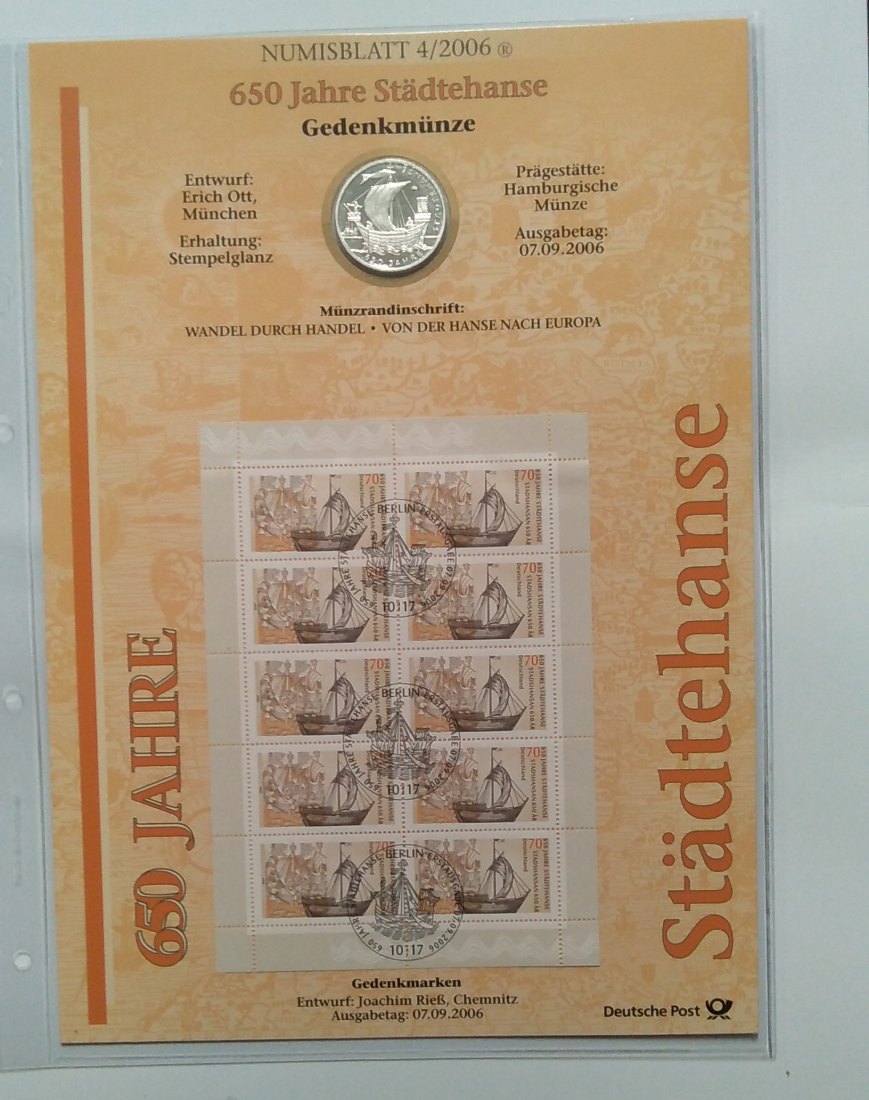  10 Euro Sondermünze, mit Briefmarken, Numisblatt  BRD, 2006,650 Jahre Städtehanse, offz. Ausgabe   