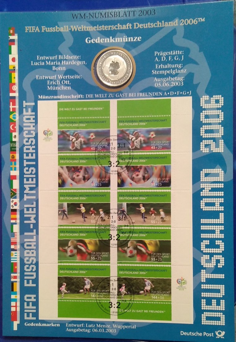  10 Euro Sondermünze, mit Briefmarken, Numisblatt  BRD, 2003, Fussball WM 2006, Stgl. offiz. Ausgab   