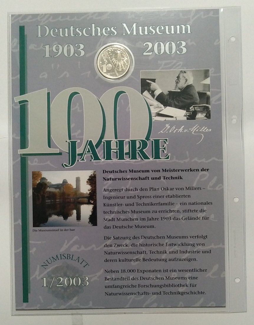  10 Euro Sondermünze BRD 2003,  mit Briefmarken, Numisblatt, 100 Jahre deutsches Museum, offiz. Stgl.   