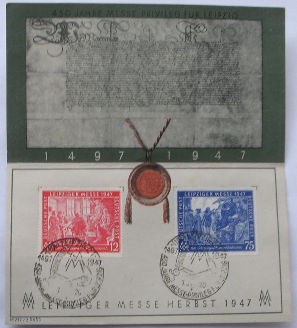  1947, Deutschland,Alliierte Besetzung, Gedenkblatt: 450 Jahre Messe-Privileg für Leipzig   