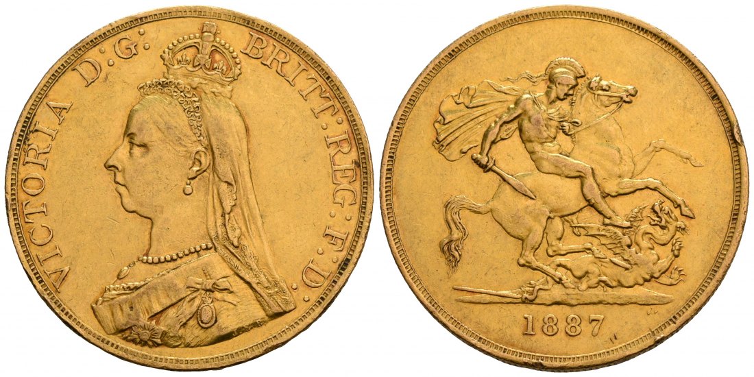 PEUS 4980 Grossbritannien 36,61 g Feingold. Victoria (1837 - 1901) 5 Pounds GOLD 1887 Kl. Kratzer + Randfehler, Sehr schön