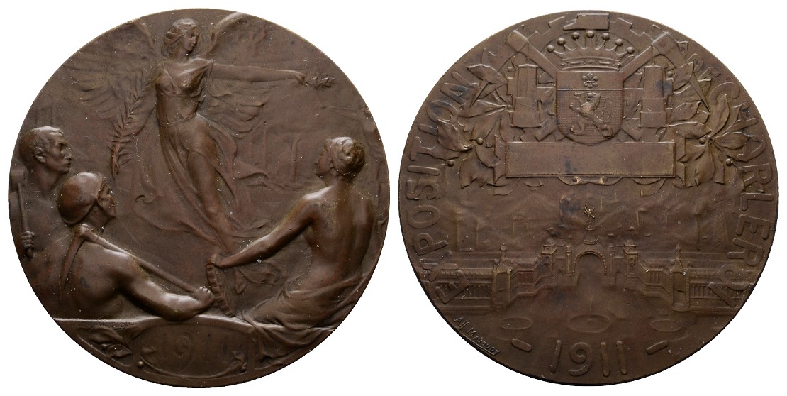  Linnartz Bergbau Charleroi, Bronzemedaille 1930 (Maugnuoy), Bergbauausstellung, 85,1Gr., 60mm, v-st   