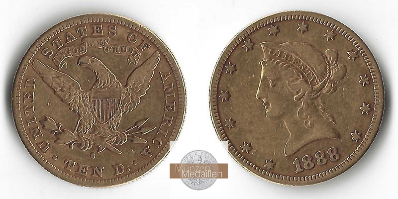 USA  10 Dollar MM-Frankfurt Feingold: 15,05g Kopf mit Krone 1888 S 