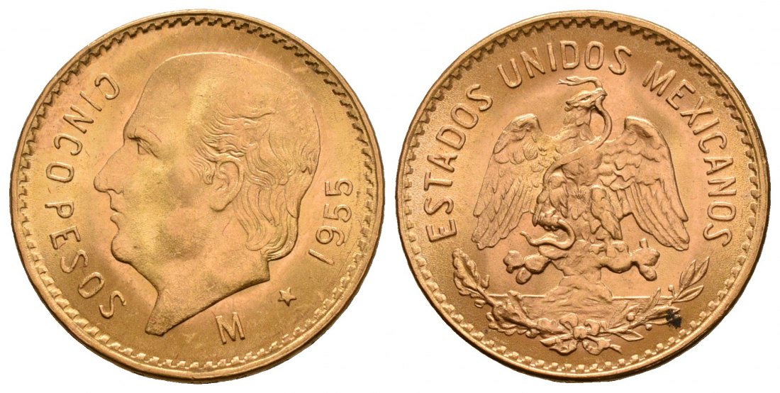 PEUS 4209 Mexiko 3,75 g Feingold. Miguel Hidalgo y Costilla 5 Pesos GOLD 1955 M Kl. Kratzer, fast Stempelglanz