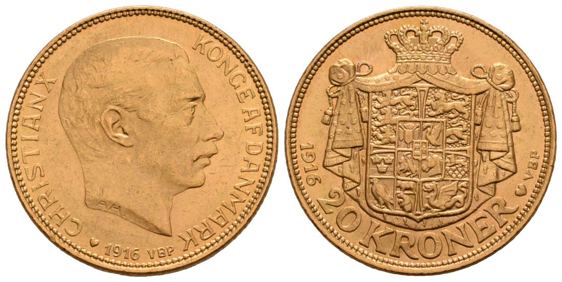 PEUS 5043 Dänemark 8,06 g Feingold. Herz= Kopenhagen Christian X. (1912 - 1947) 20 Kronen GOLD 1916 VBP Kl. Kratzer, Vorzüglich +