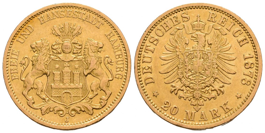 PEUS 5057 Hamburg - Kaiserreich 7,16 g Feingold. Stadtwappen / Kleiner Adler 20 Mark GOLD 1878 J Kl. Kratzer, fast Vorzüglich