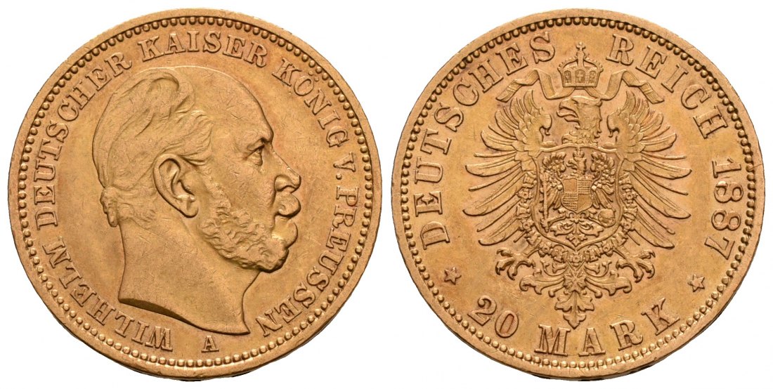 PEUS 5066 Kaiserreich - Preußen 7,16 g Feingold. Wilhelm I. (1861 - 1888) 20 Mark GOLD 1887 A Berlin Kl. Kratzer, fast Vorzüglich