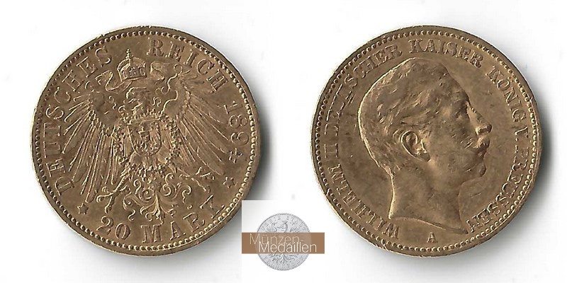 Preussen, Kaiserreich  20 Mark MM-Frankfurt Feingold: 7,17g Wilhelm II. 1891-1918 1894 A 