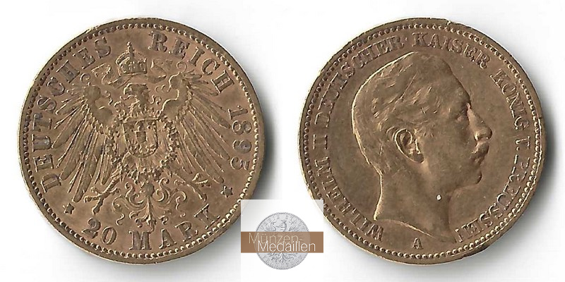Preussen, Kaiserreich  20 Mark MM-Frankfurt Feingold: 7,17g Wilhelm II. 1891-1918 1895 A 