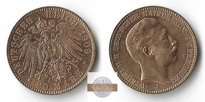 Preussen, Kaiserreich  20 Mark MM-Frankfurt Feingold: 7,17g Wilhelm II. 1891-1918 1909 J 