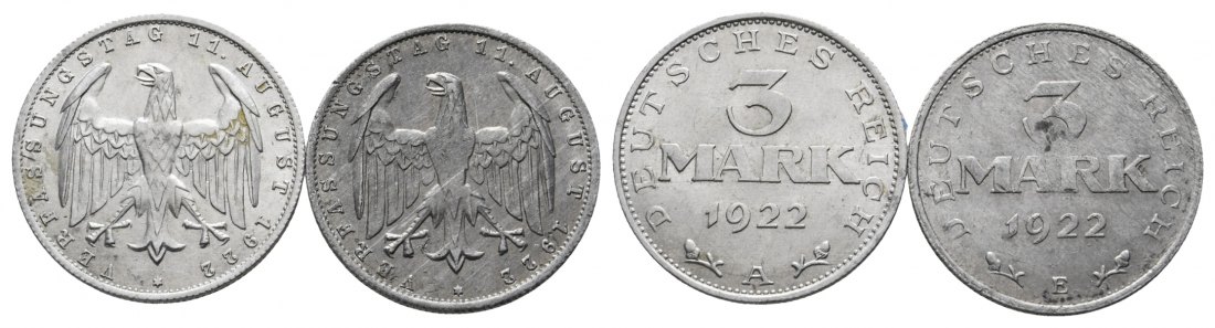  Weimarer Republik; 2 Stück 3 Mark, Deutscher Verfassungstag 1922, Aluminium   