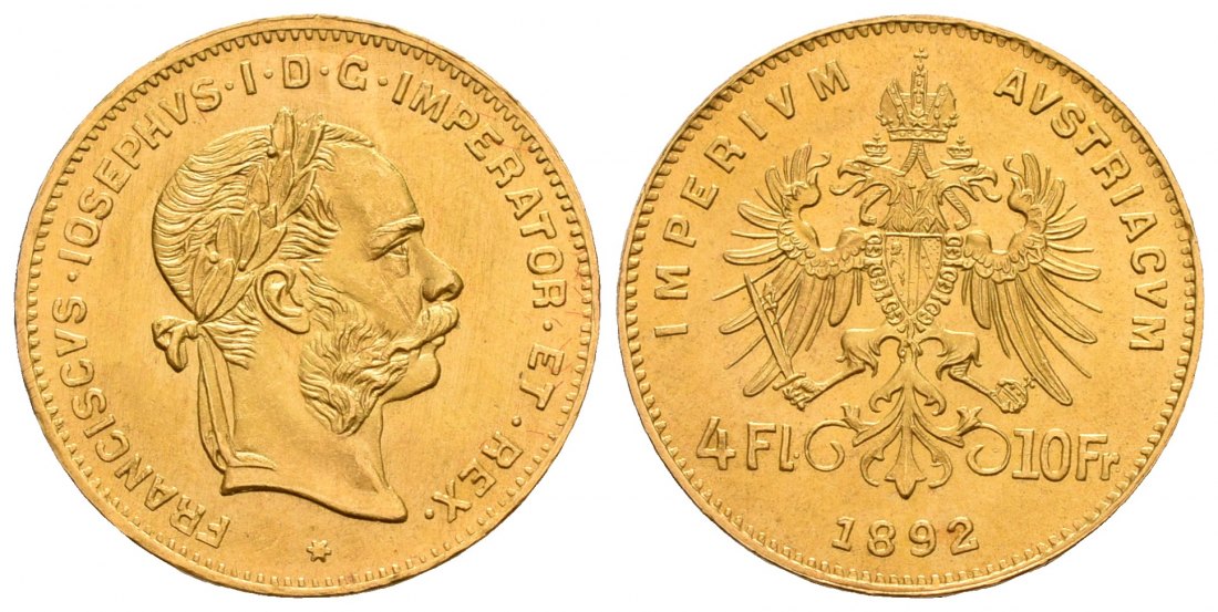 PEUS 5229 Österreich 2,9 g Feingold. Franz Joseph I. (1848 - 1916) 4 Gulden (NP) GOLD 1892 Stempelglanz